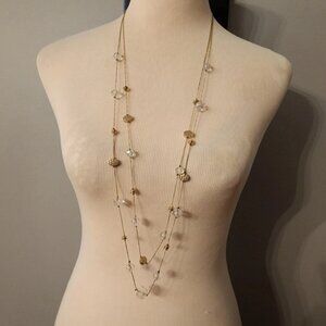 Women's Gold Tone 2-Strand Long Chain Necklace with Clear Glass Bead Accents